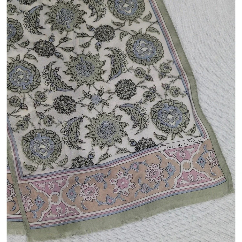 Oscar de la Renta Silk Scarf Floral Paisley Green Pink Blue Japan VTG Grandma